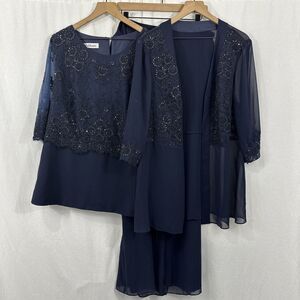 JJs House Navy Lace Embellished Chiffon Formal Evening Pants Top Set Womens 18W